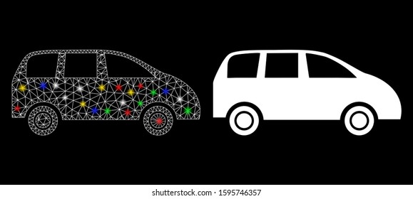 Glowing mesh minivan icon with lightspot effect. Abstract illuminated model of minivan. Shiny wire carcass polygonal mesh minivan icon. Vector abstraction on a black background.
