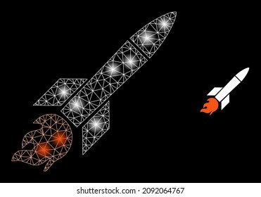 Glowing mesh missile web icon with glowing spots. Illuminated model is created from missile vector icon. Illuminated carcass web polygonal missile, on a black background.