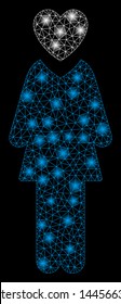 Glowing mesh mistress with glitter effect. Abstract illuminated model of mistress icon. Shiny wire frame polygonal mesh mistress. Vector abstraction on a black background.