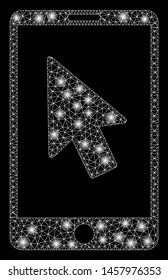 Glowing mesh mobile arrow pointer with sparkle effect. Abstract illuminated model of mobile arrow pointer icon. Shiny wire carcass polygonal mesh mobile arrow pointer.