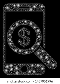 Glowing mesh mobile audit with glow effect. Abstract illuminated model of mobile audit icon. Shiny wire frame polygonal mesh mobile audit. Vector abstraction on a black background.