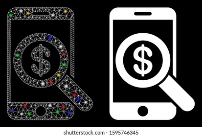 Glowing mesh mobile audit icon with lightspot effect. Abstract illuminated model of mobile audit. Shiny wire carcass triangular mesh mobile audit icon. Vector abstraction on a black background.
