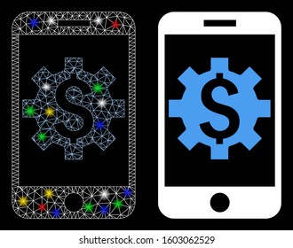 Glowing mesh mobile bank setup icon with lightspot effect. Abstract illuminated model of mobile bank setup. Shiny wire frame polygonal network mobile bank setup icon.