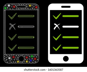 Glowing mesh mobile checklist icon with glare effect. Abstract illuminated model of mobile checklist. Shiny wire carcass triangular mesh mobile checklist icon.