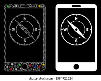 Glowing mesh mobile compass icon with lightspot effect. Abstract illuminated model of mobile compass. Shiny wire carcass triangular mesh mobile compass icon. Vector abstraction on a black background.
