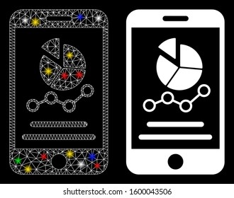 Glowing mesh mobile graphs icon with glare effect. Abstract illuminated model of mobile graphs. Shiny wire carcass polygonal mesh mobile graphs icon. Vector abstraction on a black background.