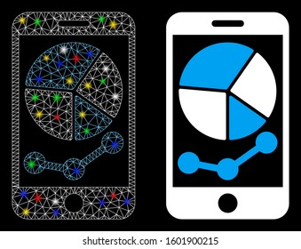 Glowing mesh mobile graphs icon with glow effect. Abstract illuminated model of mobile graphs. Shiny wire frame triangular mesh mobile graphs icon. Vector abstraction on a black background.