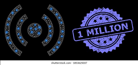 Internet móvil de malla brillante con manchas brillantes, y imitación de sello de cinta texturizada de un millón. El sello azul incluye 1 Millón de título dentro de la rosette.