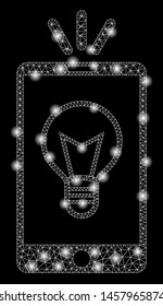 Glowing mesh mobile lamp light with glitter effect. Abstract illuminated model of mobile lamp light icon. Shiny wire frame triangular mesh mobile lamp light. Vector abstraction on a black background.