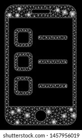 Glowing mesh mobile list with glitter effect. Abstract illuminated model of mobile list icon. Shiny wire frame triangular network mobile list. Vector abstraction on a black background.
