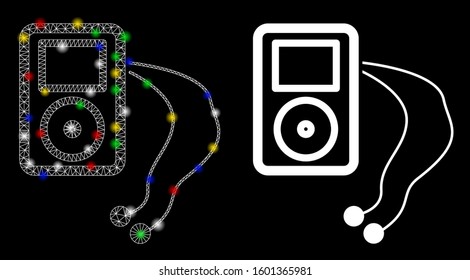 Glowing mesh mobile media player icon with lightspot effect. Abstract illuminated model of mobile media player. Shiny wire carcass polygonal network mobile media player icon.