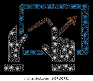 Glowing mesh mobile monitoring with glow effect. Abstract illuminated model of mobile monitoring icon. Shiny wire frame triangular mesh mobile monitoring. Vector abstraction on a black background.