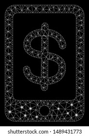 Glowing mesh mobile payment with glow effect. Abstract illuminated model of mobile payment icon. Shiny wire carcass triangular mesh mobile payment. Vector abstraction on a black background.