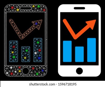 Glowing mesh mobile report icon with glitter effect. Abstract illuminated model of mobile report. Shiny wire frame triangular mesh mobile report icon. Vector abstraction on a black background.