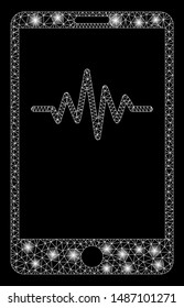 Glowing mesh mobile signal graph with glitter effect. Abstract illuminated model of mobile signal graph icon. Shiny wire carcass polygonal mesh mobile signal graph.