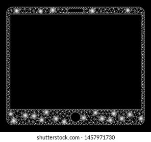 Glowing mesh mobile tablet with glare effect. Abstract illuminated model of mobile tablet icon. Shiny wire carcass polygonal network mobile tablet. Vector abstraction on a black background.