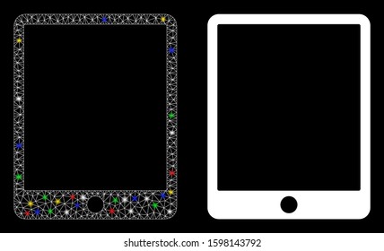 Glowing mesh mobile tablet icon with glare effect. Abstract illuminated model of mobile tablet. Shiny wire carcass triangular network mobile tablet icon. Vector abstraction on a black background.