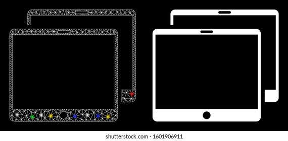 Glowing mesh mobile tabs icon with lightspot effect. Abstract illuminated model of mobile tabs. Shiny wire carcass triangular network mobile tabs icon. Vector abstraction on a black background.