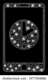 Glowing mesh mobile time with lightspot effect. Abstract illuminated model of mobile time icon. Shiny wire carcass polygonal mesh mobile time. Vector abstraction on a black background.