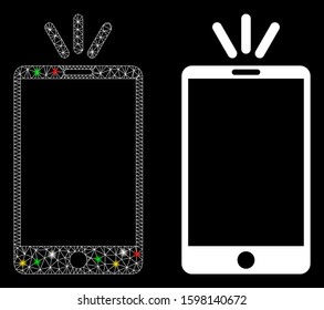 Glowing mesh mobile torch icon with glare effect. Abstract illuminated model of mobile torch. Shiny wire carcass polygonal mesh mobile torch icon. Vector abstraction on a black background.