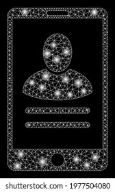Glowing mesh mobile user properties with glitter effect. Abstract illuminated model of mobile user properties icon. Shiny wire frame triangular mesh mobile user properties.