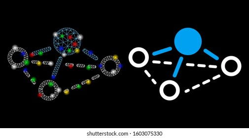 Glowing mesh molecule icon with glow effect. Abstract illuminated model of molecule. Shiny wire carcass polygonal network molecule icon. Vector abstraction on a black background.