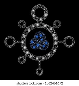 Glowing mesh molecule with sparkle effect. Abstract illuminated model of molecule icon. Shiny wire carcass polygonal network molecule. Vector abstraction on a black background.