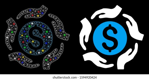 Glowing mesh money care hands icon with glitter effect. Abstract illuminated model of money care hands. Shiny wire carcass triangular mesh money care hands icon.