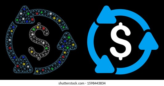 Glowing mesh money circulation icon with sparkle effect. Abstract illuminated model of money circulation. Shiny wire frame polygonal network money circulation icon.