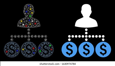 Glowing mesh money collector icon with lightspot effect. Abstract illuminated model of money collector. Shiny wire frame triangular mesh money collector icon. Vector abstraction on a black background.