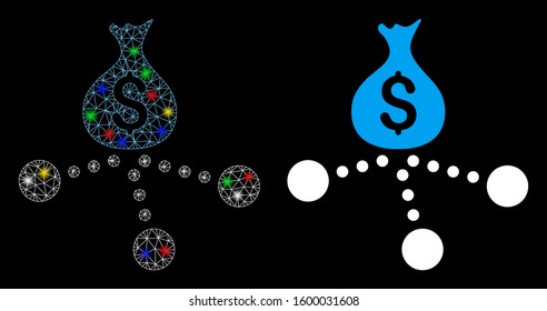 Glowing mesh money distribution icon with glitter effect. Abstract illuminated model of money distribution. Shiny wire frame triangular mesh money distribution icon.