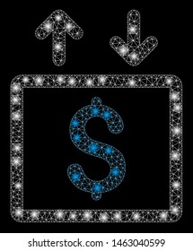 Glowing mesh money elevator with glitter effect. Abstract illuminated model of money elevator icon. Shiny wire frame polygonal mesh money elevator. Vector abstraction on a black background.