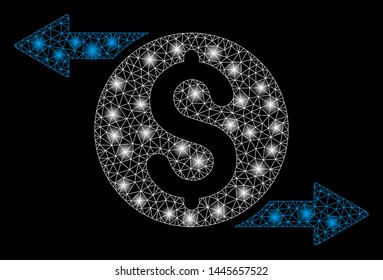 Glowing mesh money exchange with glow effect. Abstract illuminated model of money exchange icon. Shiny wire frame polygonal mesh money exchange. Vector abstraction on a black background.