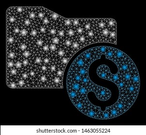 Glowing mesh money folder with glare effect. Abstract illuminated model of money folder icon. Shiny wire frame triangular mesh money folder. Vector abstraction on a black background.