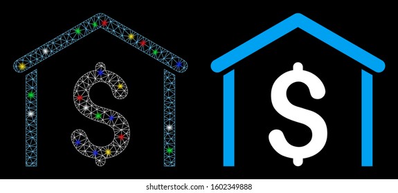 Glowing mesh money garage icon with glare effect. Abstract illuminated model of money garage. Shiny wire frame triangular mesh money garage icon. Vector abstraction on a black background.