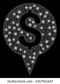 Glowing mesh money map marker with glare effect. Abstract illuminated model of money map marker icon. Shiny wire frame triangular network money map marker. Vector abstraction on a black background.