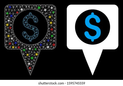 Glowing mesh money map marker icon with glare effect. Abstract illuminated model of money map marker. Shiny wire carcass triangular mesh money map marker icon.