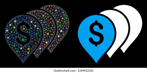Glowing mesh money map pointers icon with glare effect. Abstract illuminated model of money map pointers. Shiny wire frame polygonal mesh money map pointers icon.