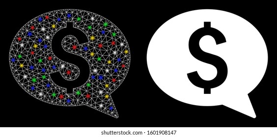Glowing mesh money message icon with glare effect. Abstract illuminated model of money message. Shiny wire carcass polygonal mesh money message icon. Vector abstraction on a black background.