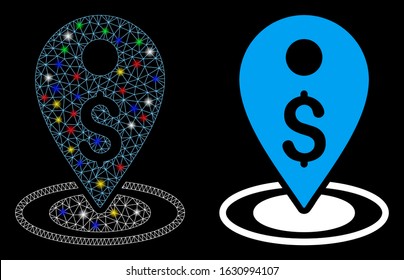 Glowing mesh money place icon with sparkle effect. Abstract illuminated model of money place. Shiny wire carcass polygonal mesh money place icon. Vector abstraction on a black background.