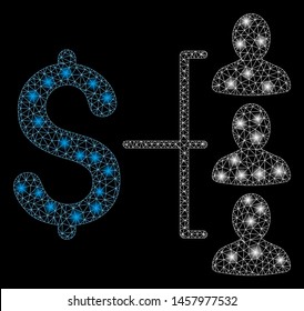 Glowing mesh money recipients with lightspot effect. Abstract illuminated model of money recipients icon. Shiny wire carcass triangular mesh money recipients. Vector abstraction on a black background.