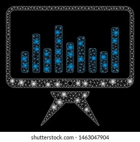 Glowing mesh monitoring with glare effect. Abstract illuminated model of monitoring icon. Shiny wire carcass polygonal mesh monitoring. Vector abstraction on a black background.