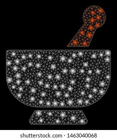 Glowing mesh mortar with glitter effect. Abstract illuminated model of mortar icon. Shiny wire frame triangular network mortar. Vector abstraction on a black background.