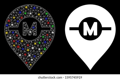 Glowing mesh motor marker icon with lightspot effect. Abstract illuminated model of motor marker. Shiny wire frame polygonal network motor marker icon. Vector abstraction on a black background.