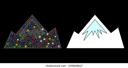 Glowing mesh mountain icon with glare effect. Abstract illuminated model of mountain. Shiny wire carcass triangular mesh mountain icon. Vector abstraction on a black background.