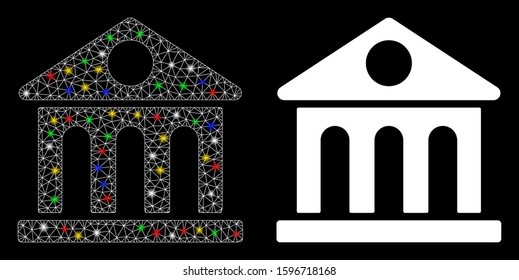 Glowing mesh museum building icon with sparkle effect. Abstract illuminated model of museum building. Shiny wire frame polygonal network museum building icon. Vector abstraction on a black background.