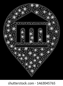 Glowing mesh museum marker with glare effect. Abstract illuminated model of museum marker icon. Shiny wire frame polygonal mesh museum marker. Vector abstraction on a black background.