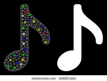 Glowing mesh music note icon with glare effect. Abstract illuminated model of music note. Shiny wire frame polygonal mesh music note icon. Vector abstraction on a black background.