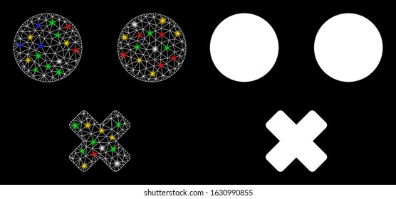 Glowing mesh mute smiley icon with sparkle effect. Abstract illuminated model of mute smiley. Shiny wire carcass triangular mesh mute smiley icon. Vector abstraction on a black background.