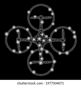 Glowing mesh nanocopter with glow effect. Abstract illuminated model of nanocopter icon. Shiny wire frame polygonal mesh nanocopter. Vector abstraction on a black background.